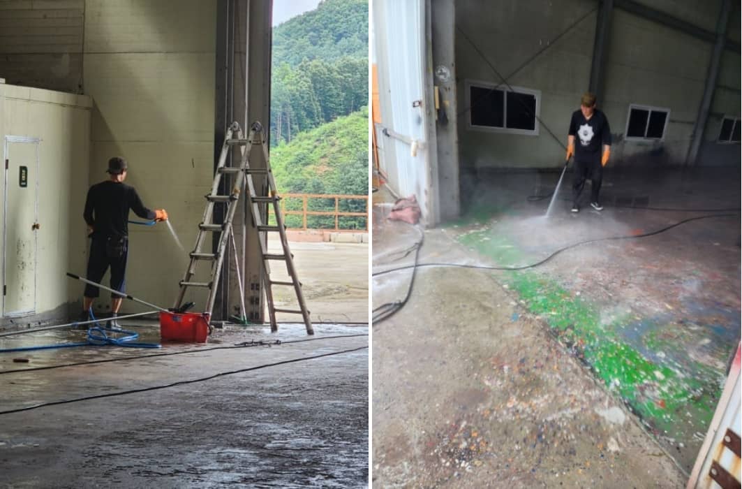 김포 통진 창고 화목난로 주변 기름때 및 그을음 바닥 청소 작업